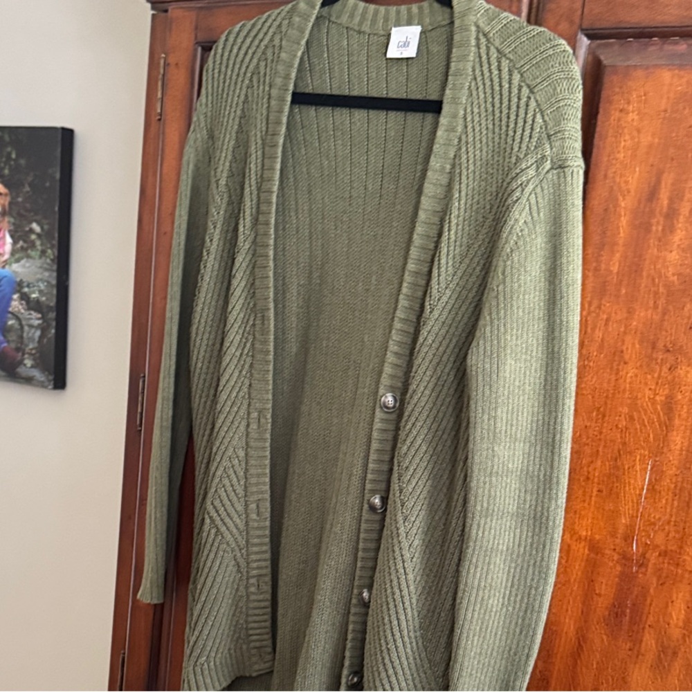 CAbi Olive Green Ribbed Button-Front Cardigan
